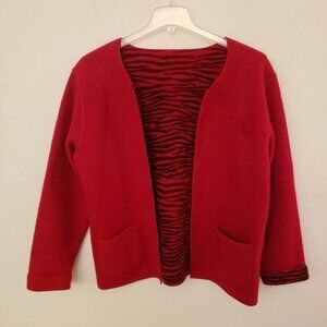 Vintage Red/Black/Zebra 100% REVERSIBLE Cardigan w/Pockets Size L EUC